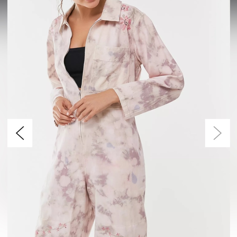 Kimchi Blue cream Button-Up Embroidery Coveralls with Subtle Tie Dye